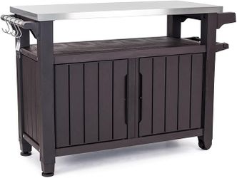 Keter Outdoor Rolling Table Cart for Food Prep, Storage, Bar & Grill, Dark Brown - Portable Kitchen