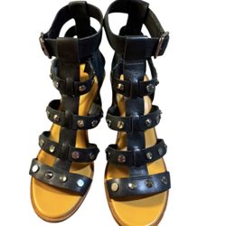 UGG AUSTRALIA Black+Silver Macayla Studded Leather Bling Block Heel Sandals 10