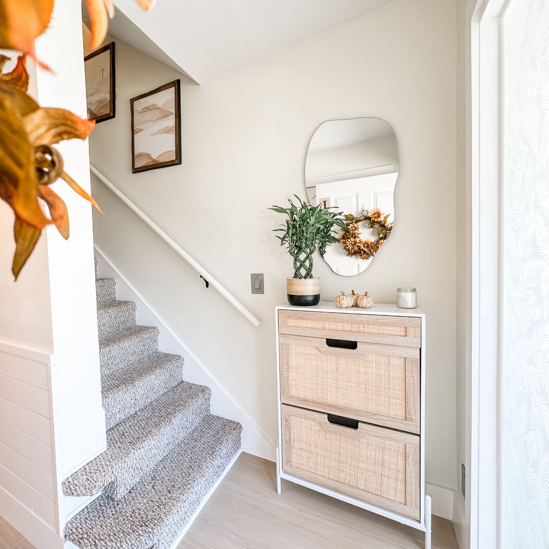 Shoe Organizer/Rack For Entryway - Natural Rattan Storage Cabinet with 2 Flip Drawers, Adjustable Shelves & Metal Legs (Assembled!)