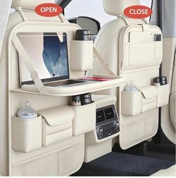 Brand New Pack Universal Foldable Car Backseat Organizer with Table Tray, Car Seat Back Protector with Touch Screen Phone Holder, Premium Leather Kic