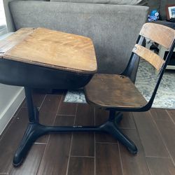 Vintage Mid-Century Modern Industrial School Desk with Seat