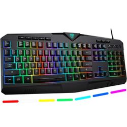 Upgraded Mechanical Gaming Keyboard with Adjustable 7-Color RGB Backlit, Ergonomic Wired Keyboard with Wrist Rest, Waterproof Anti-Ghosting Light Up K