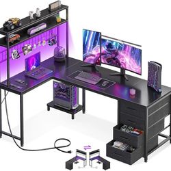 L Shaped Desk Gaming Desk with LED Light & Power Outlet, 59 Inch Reversible L Shaped Computer Table with 4 Drawers for Home Office, Black  