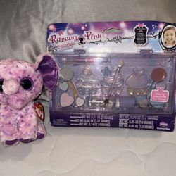 Ty Pink and Purple Eva the Elephant Plush and Runway beauty glam box NEW