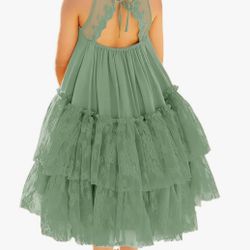 MITILLY Girls Boho Lace Backless Square Neck Sleeveless A Line Ruffle Tiered Flowy Long Party Dress 14 years light green