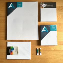 Lot of 4 Acrylic, Ink, or Oil Paint Canvases plus 2 Tubes of Paint