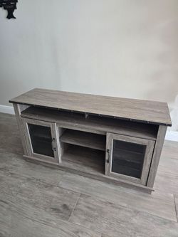 Gray Wood TV Stand with Glass Cabinet Doors