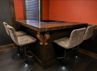 Custom rustic  home bar + 4 swivel bar stools