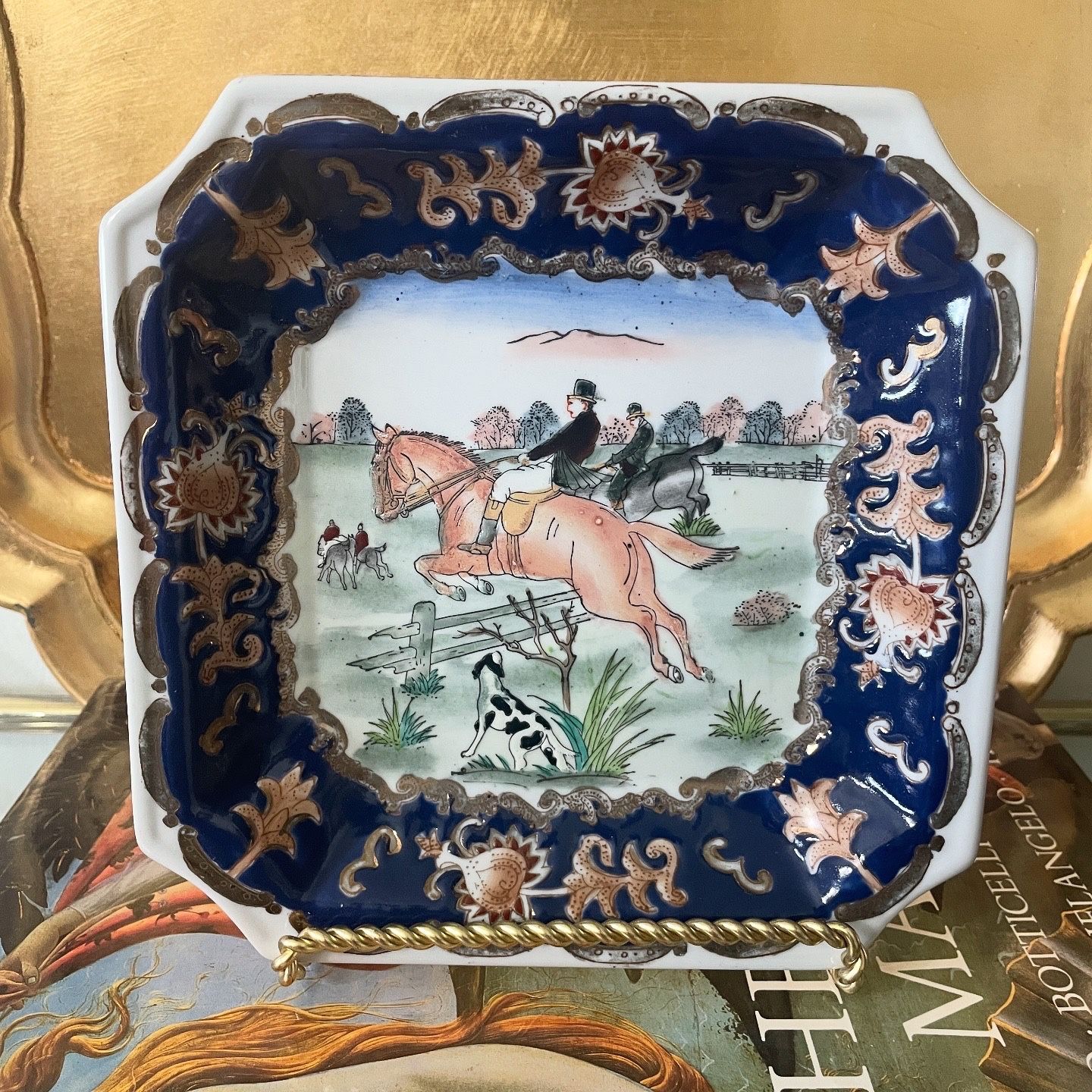 Vintage 8” H x 8” W Porcelain Hunt Scene Decorative Catchall/Tray