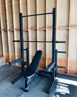 Full GYM- Home Gym Set up- Deluxe Gym set up- Includes everything in picture- Squat stand, Bench, bar, bumper plates  (Example picture) 