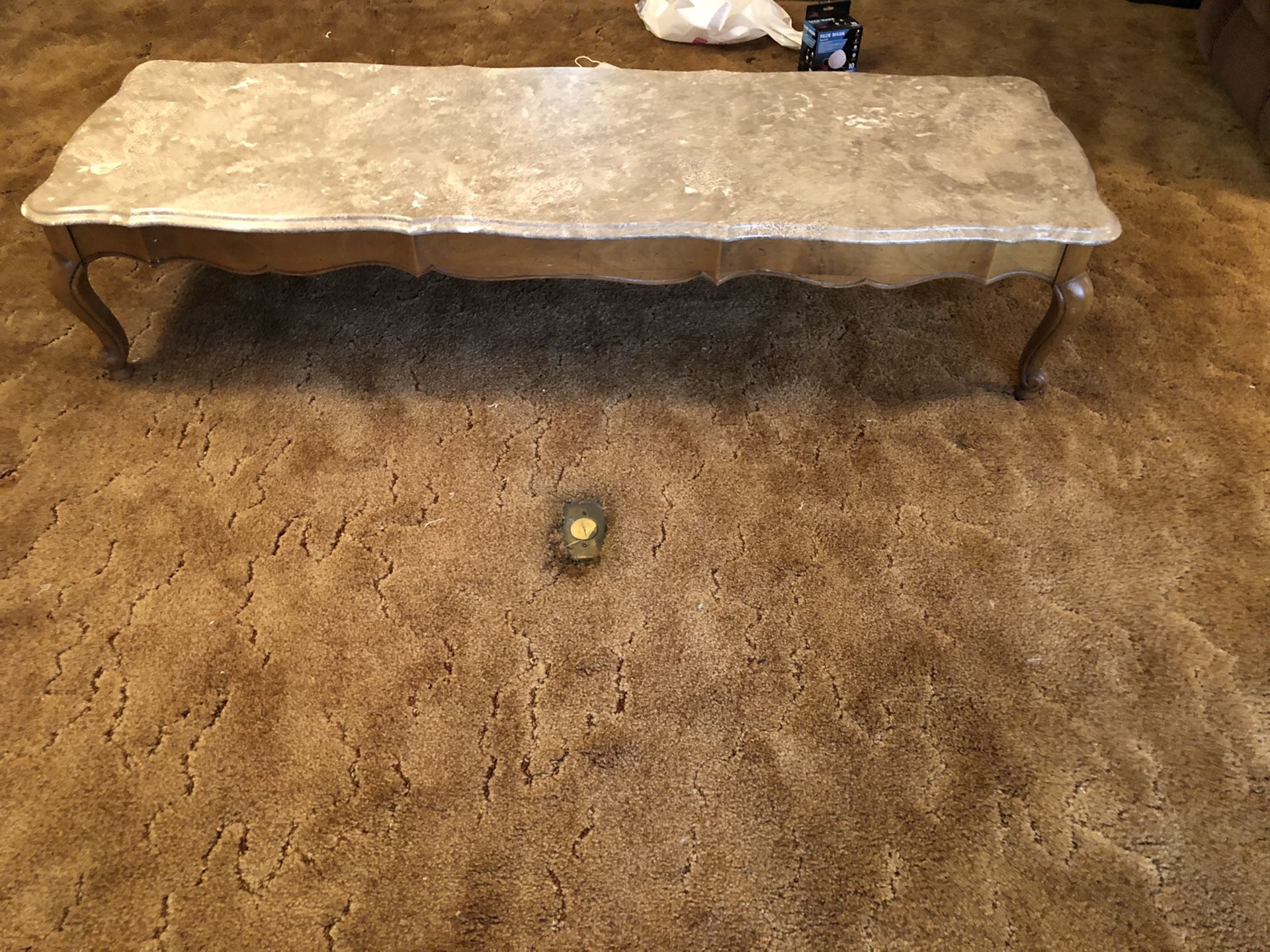 Marble top maple table 5.5 feet long, 21 inches wide, and 13” high