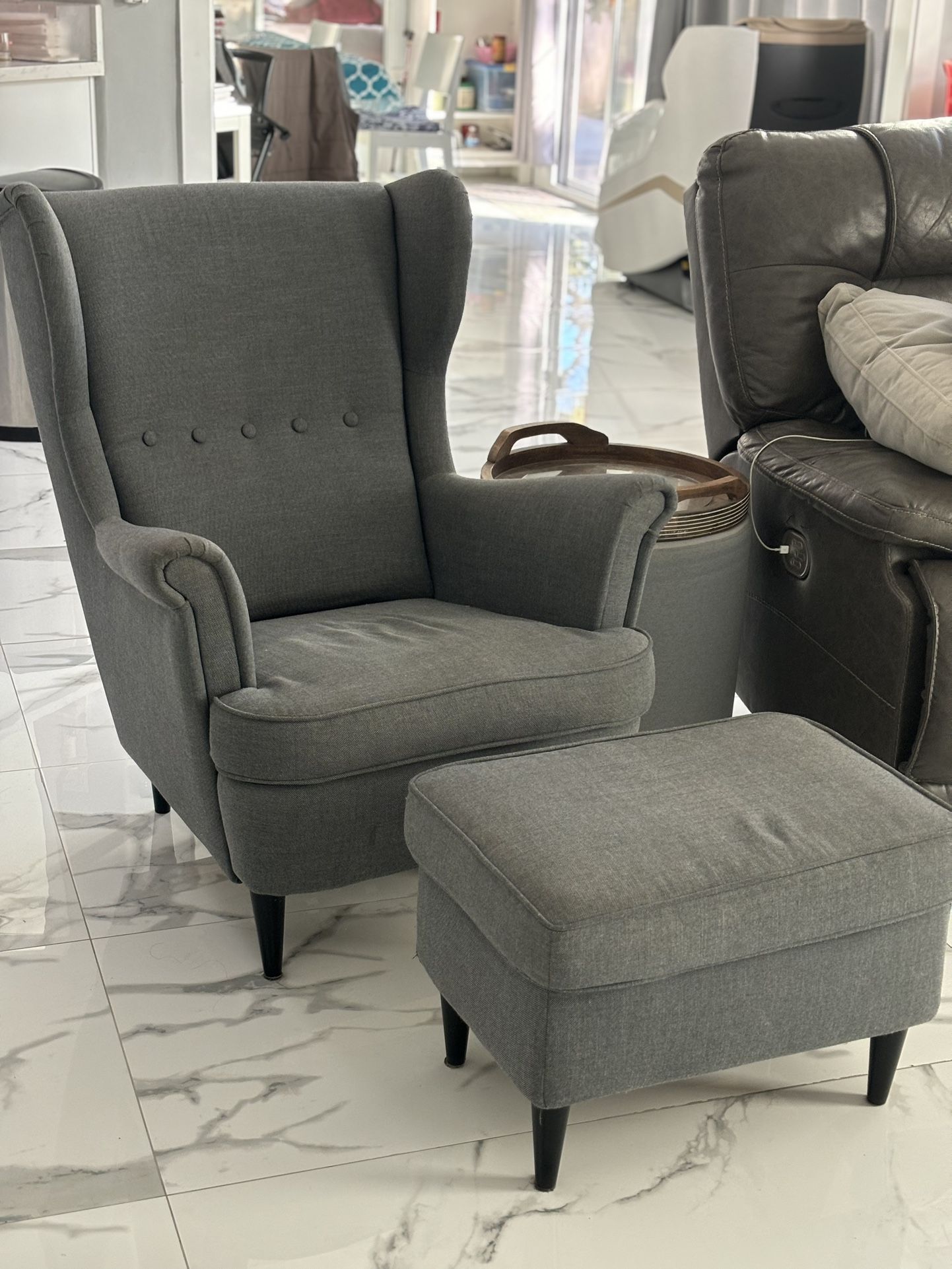 Grey Wing Chair w/ Matching Ottoman