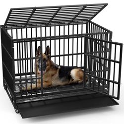 inch Heavy Duty Indestructible Dog Crate, Escape Proof Dog Cage Kennel with Lockable Wheels,High Anxiety Double Door,Extra Large Crate Indoor for Larg