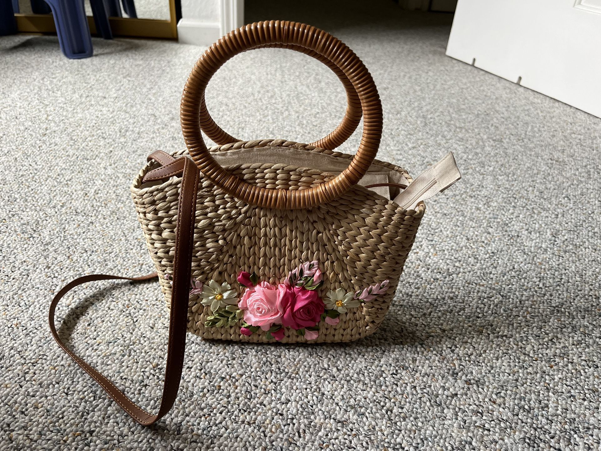Straw Floral Handbag with Round Handles
