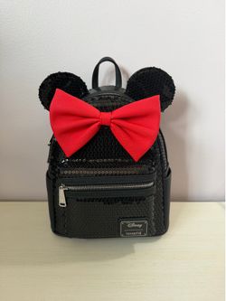 Loungefly Disney Minnie Mouse Mini Backpack Black Sequin Red Bow