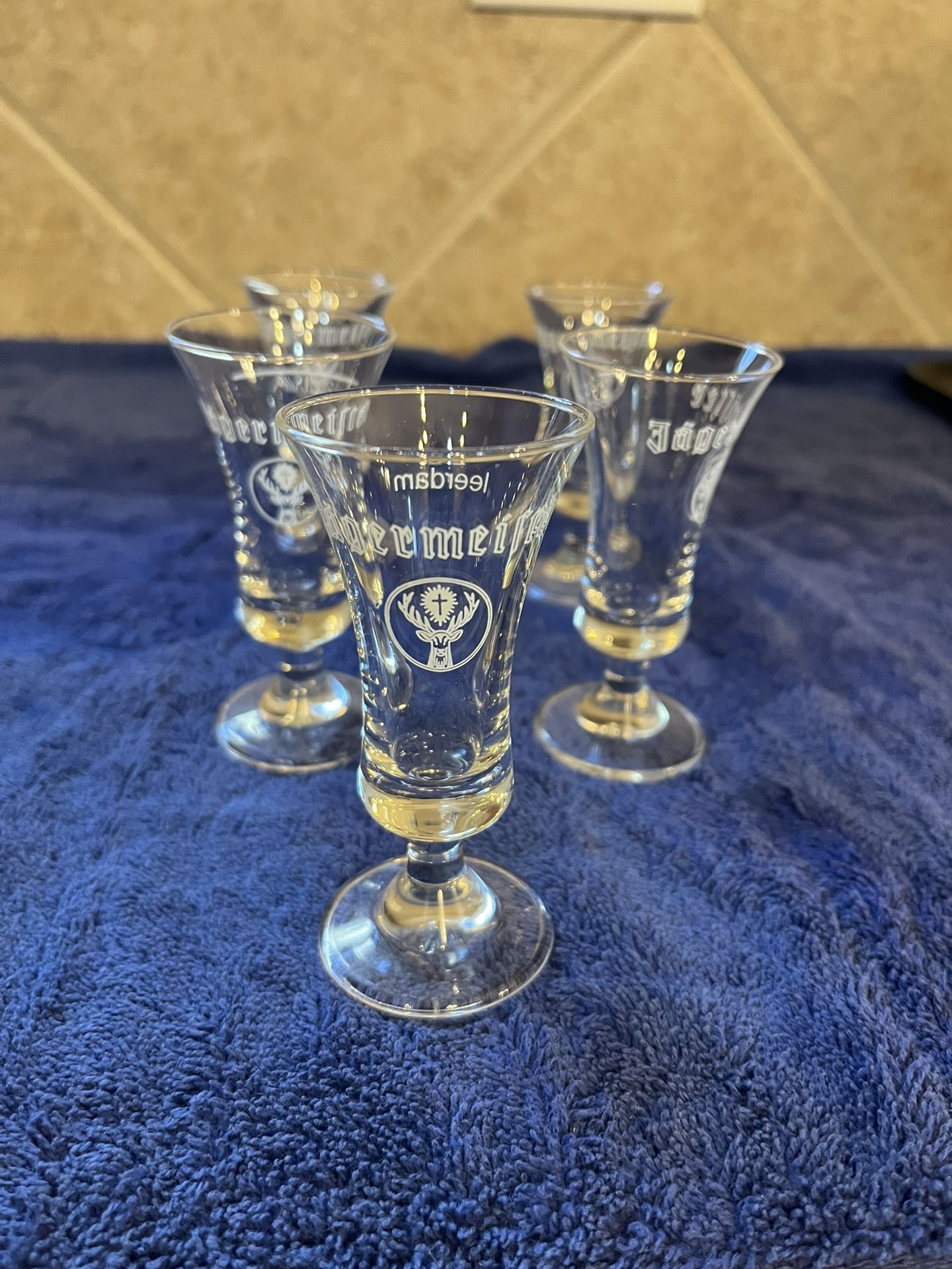 5 Vintage Jägermeister Cordial Shot Glass Liqueur Fluted Stemmed Footed 2CL