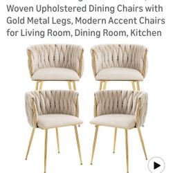 Velvet Dining Chairs Set Of 4, Woven Upholstered Dining Chairs With Gold Metal Legs,  Modern Accent Chairs For Living Room, Dining Room, Kitchen,