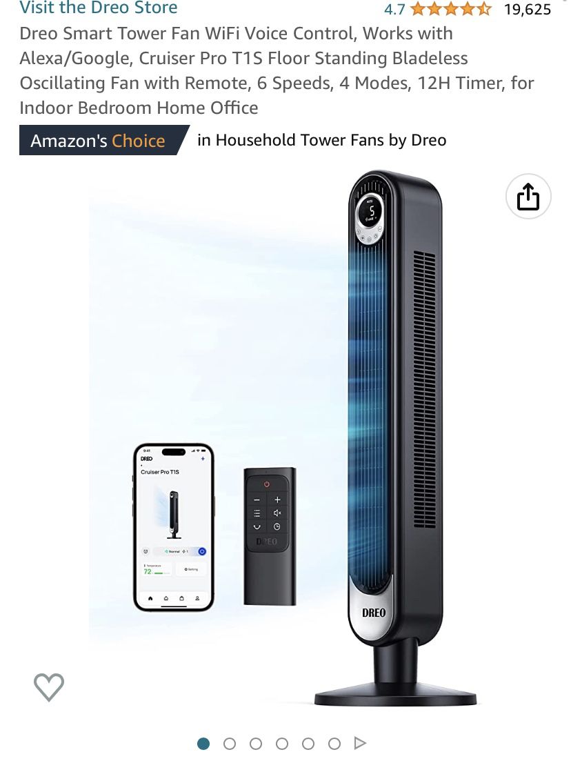 Dreo Smart Tower Fan WiFi Voice Control, Works with Alexa/Google, Cruiser Pro T1S Floor Standing Bladeless Oscillating Fan with Remote, 6 Speeds, 4 Mo
