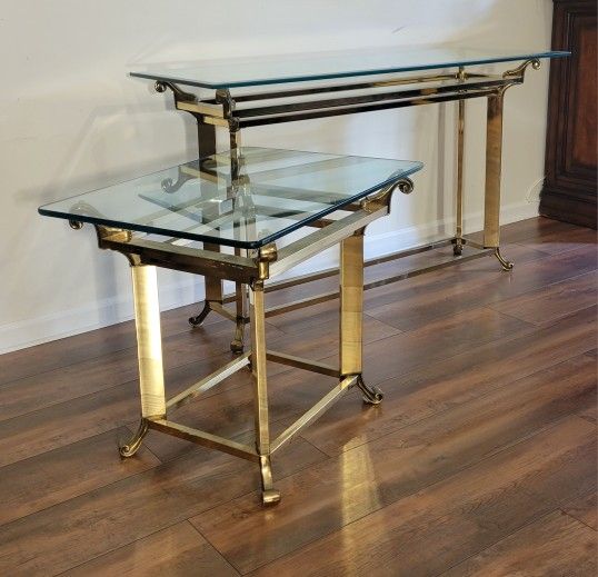 Vintage Brass Glass Top Console Table And Matching End Table