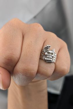 925 Men's Vintage Sterling Silver Ring Signet Skull Snake Cobra Rocker Biker