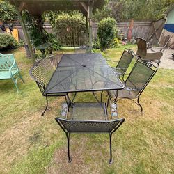 Wrought Table And, four chairs with bench