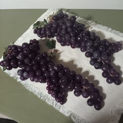 (2) Vintage Purple Rubber Grapes Large 15" w/Leaves