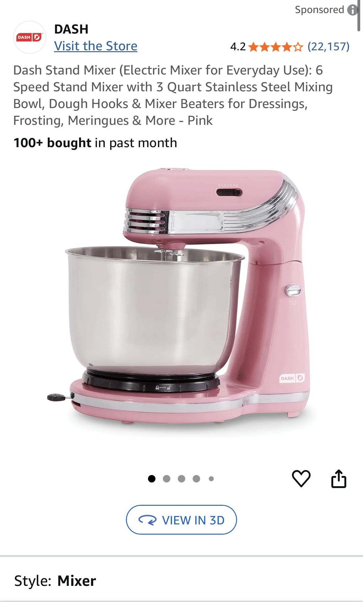 Dash Stand Mixer (Electric Mixer for Everyday Use): 6 Speed Stand Mixer with 3 Quart Stainless Steel Mixing Bowl, Dough Hooks & Mixer Beaters for Dres