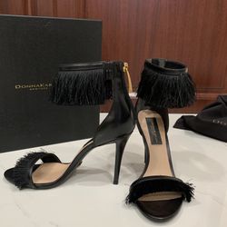 DONNA KARAN New York VAL Fringe Black Heels Ankle Strap Women's Pump