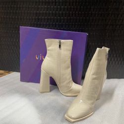 vivianly Square-Toe Mid Calf Crocodile Print Ankle Boots Thick Heel Side Zip Short Booties Size(9-10) Color Creamy White