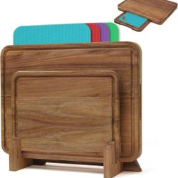 Set of 7 Large Acacia Wood Cutting Boards set,2-in-1Charcuterie Chopping Board & Butcher Block for Kitchen with Holder