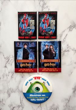 Vintage early 2000's Walmart movie promo pins Spider-Man, Harry Potter and monsters inc!