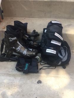 Roller blades with knee pads and elbow pads