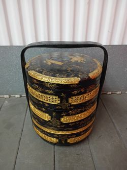 Large Vtg Vintage Chinoiserie Black Lacquer Wedding Basket