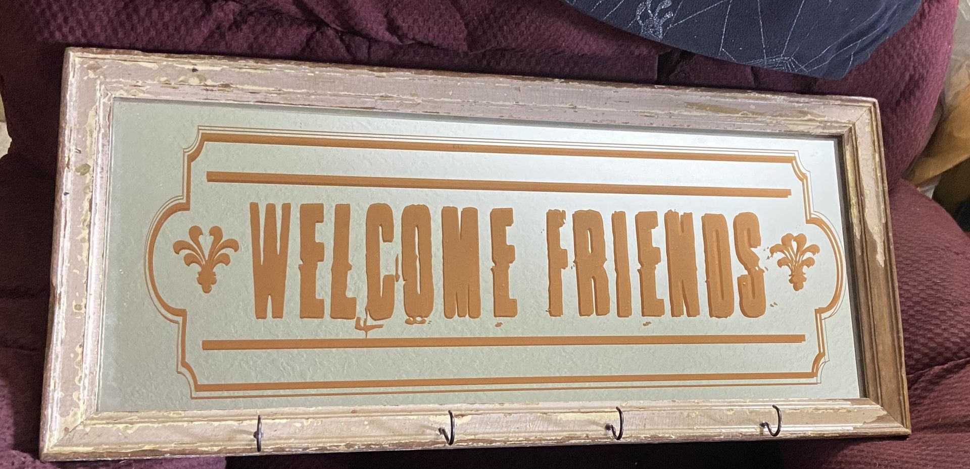Vintage Mirror Welcome Sign With Hooks