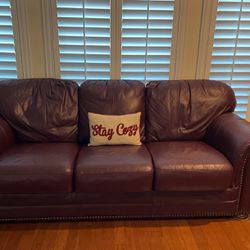 Burgundy 3 Seat Leather Sofa With Nail Heads