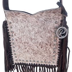 Raviani Western Fringe Crossbody Bag In Speckle Brown & White  Calfskin 
