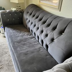 Sofa and loveseat, gray velvet rhinestone buttons