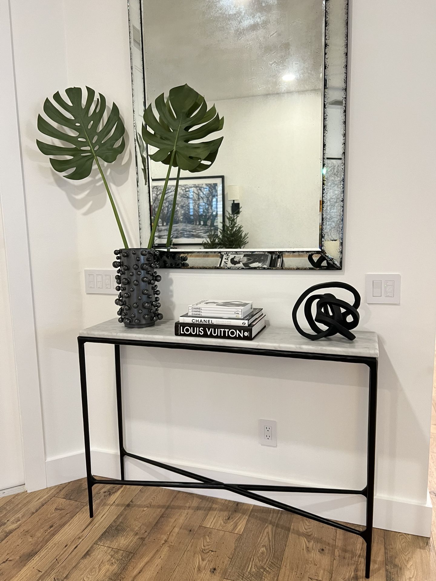 New RH Thaddeus Marble Console Table 48” W Sandblasted Italian Carrara Marble/Forged Iron