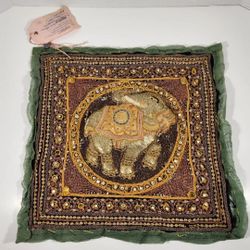 ANTIQUE VINTAGE EMBOSSED EMBROIDERY ELEPHANT ART TEXTILE 14 x 15
