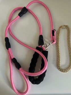 Pink Rope Dog Leash with Padded Handle and Gold rhinestone Cuban link collar