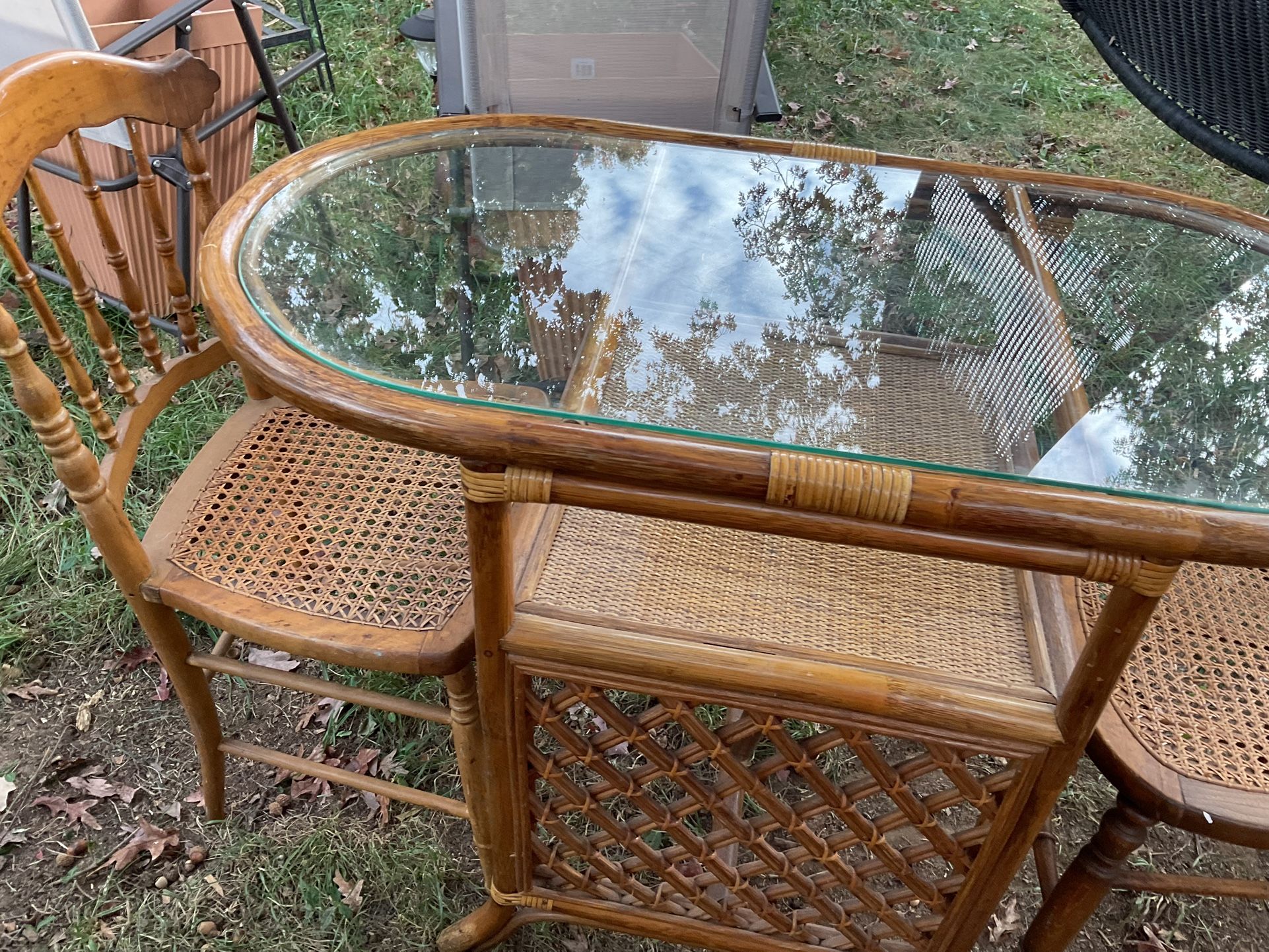 A Set Of Two Bamboo Frames Chairs And A Table With Glass (50” Long X 24” Wide) Just Beautiful (NO SHIPPING) All For $50