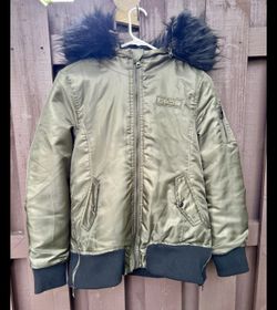 Bebe Women's Small Olive Green Puffer Jacket Faux Fur Trim Hood Full Zip Coat