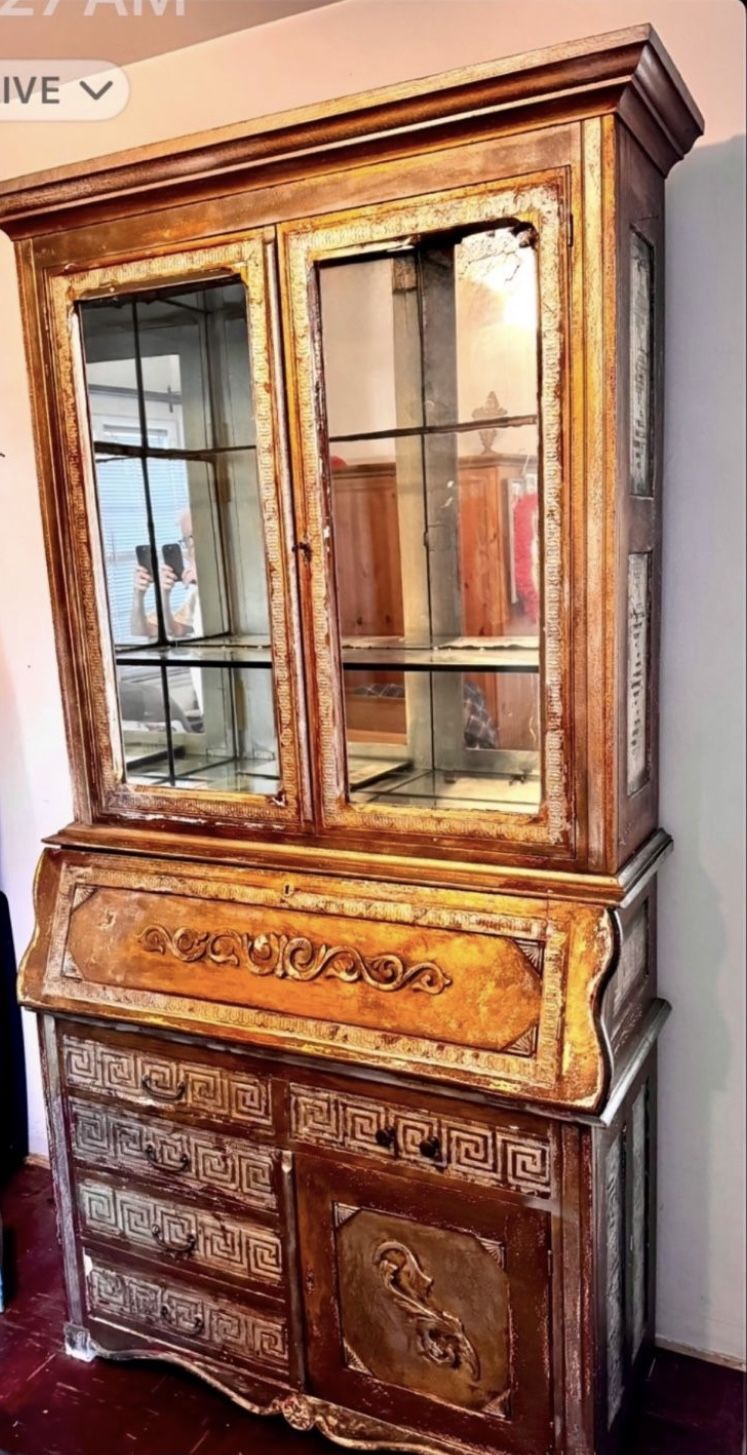 SECRETARY DESK WITH BOOK CASE (MIRROR WALLS ) 2 PIECE GENUINE VINTAGE ANTIQUE