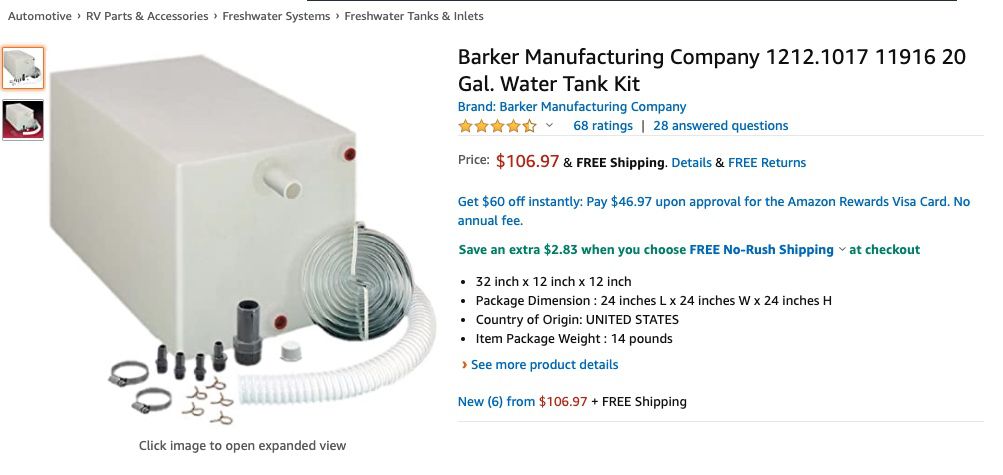 Barker Manufacturing Company 1212.1017 11916 20 Gal. Water Tank Kit