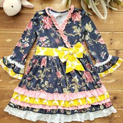 SIZE 7-8 GIRLS BOUTIQUE MULTICOLOR PRINT/PATTERNS RUFFLE KNIT LONG-SLEEVE  LONG TUNIC