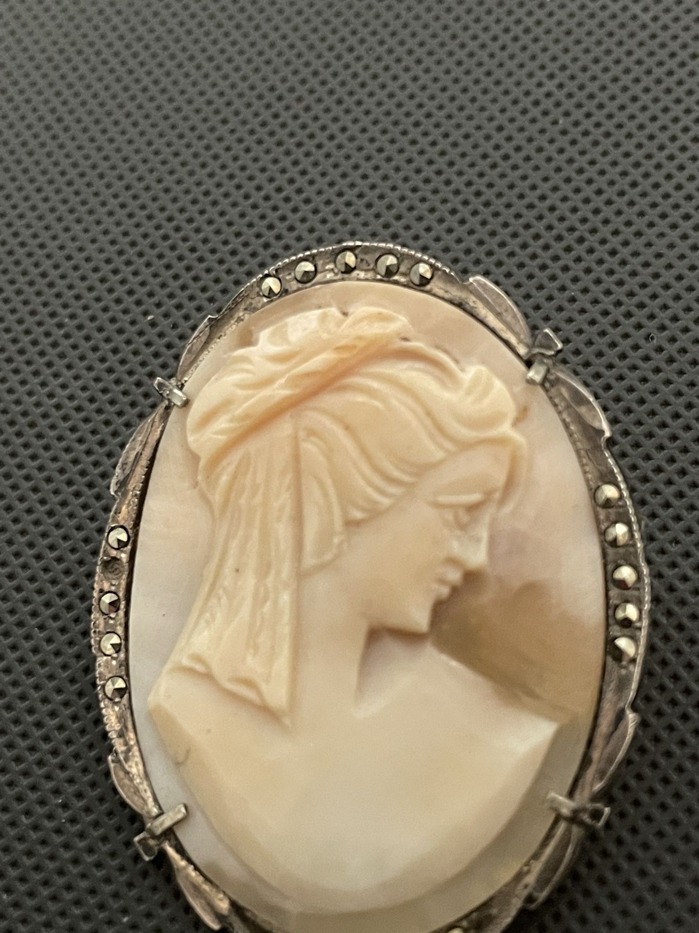 Carved Shell Brooch With Marcasite And Silver