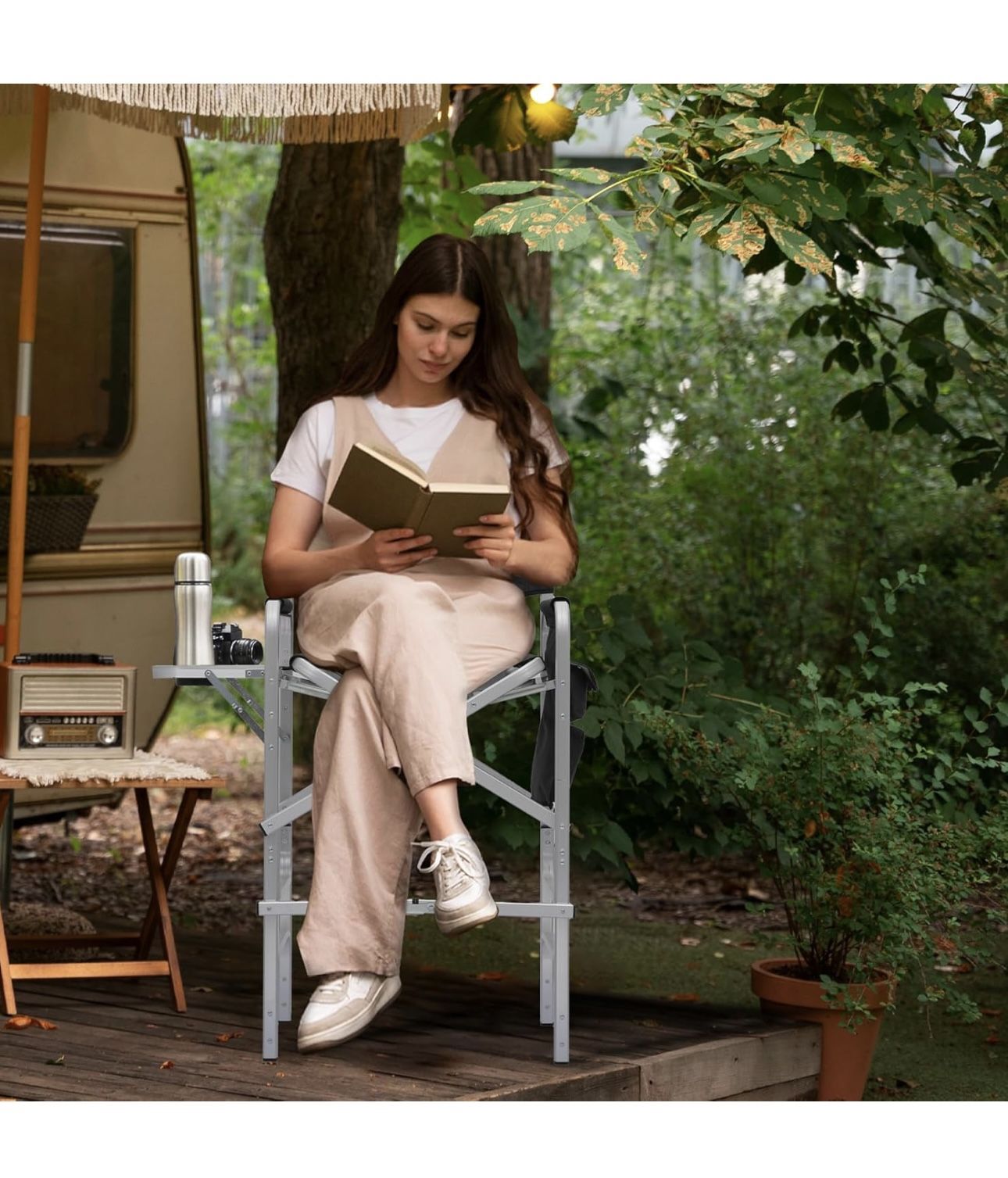 31-Inch Foldable Tall Director Chair Folding Portable Aluminum Frame Makeup Artist Chair, with Side Table, Cup Holder and Pockets, 250lbs