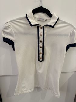Moncler Women’s White Navy Trim Polo Shirt Gold Button XS Authentic