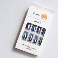 Radiant Chrome Press on Nails,Short Acrylic Almond Nails, Adhesive tape on, 24 Pcs, Chrome Green