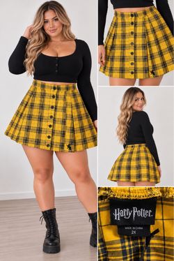 Harry Potter Hufflepuff Yellow & Black Plaid Pleated Mini Skirt – 2X NWT